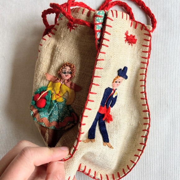 Vintage Handmade Portuguese Folk Art Four Dancers Embroidery Cloth Bag Purse - Picture 10 of 12